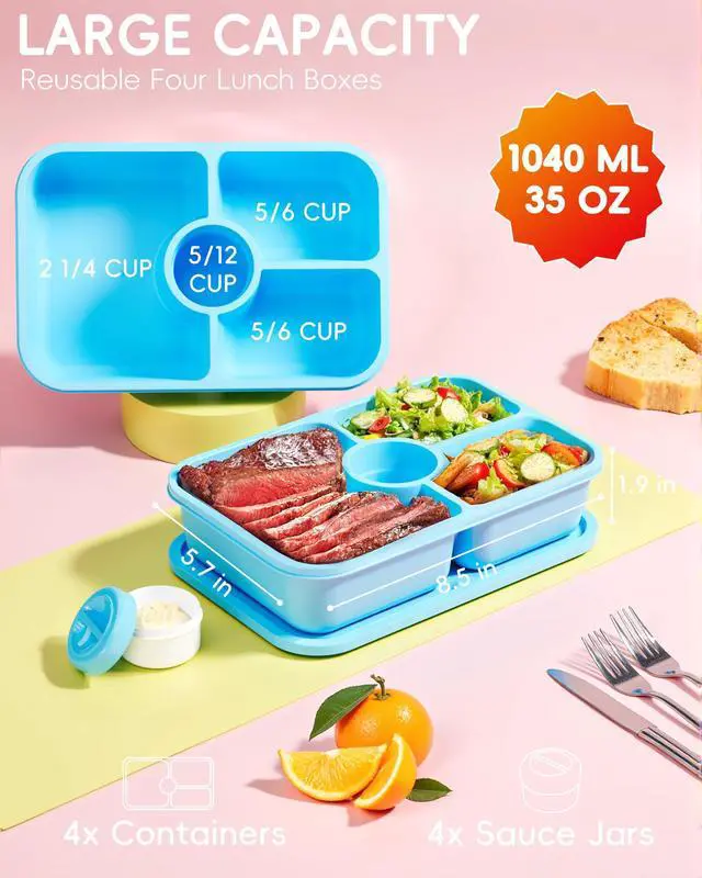 Alt view image 2 of 7 - 4 Pcs Bento Snack Box Containers, 4 Compartment Divided Stackable Food Storage Containers with Lids, Meal Prep Lunch Container with Sauce Cups