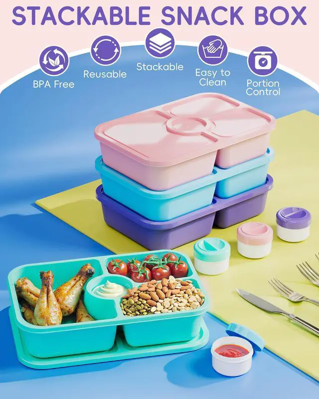 Alt view image 3 of 7 - 4 Pcs Bento Snack Box Containers, 4 Compartment Divided Stackable Food Storage Containers with Lids, Meal Prep Lunch Container with Sauce Cups