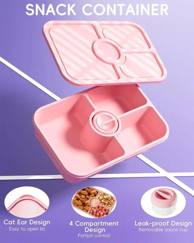 Alt view image 4 of 7 - 4 Pcs Bento Snack Box Containers, 4 Compartment Divided Stackable Food Storage Containers with Lids, Meal Prep Lunch Container with Sauce Cups