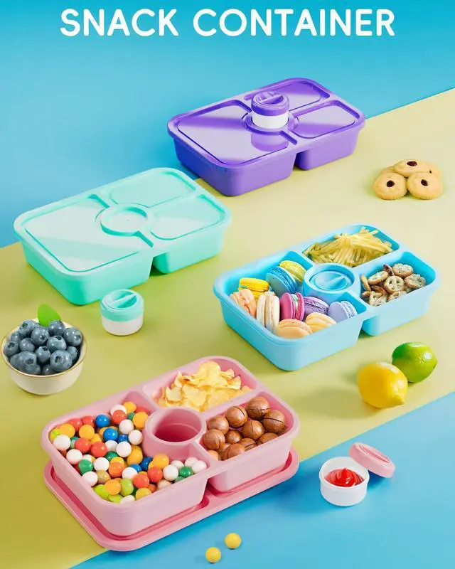 Alt view image 5 of 7 - 4 Pcs Bento Snack Box Containers, 4 Compartment Divided Stackable Food Storage Containers with Lids, Meal Prep Lunch Container with Sauce Cups