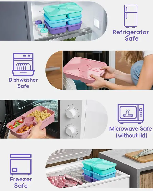 Alt view image 6 of 7 - 4 Pcs Bento Snack Box Containers, 4 Compartment Divided Stackable Food Storage Containers with Lids, Meal Prep Lunch Container with Sauce Cups