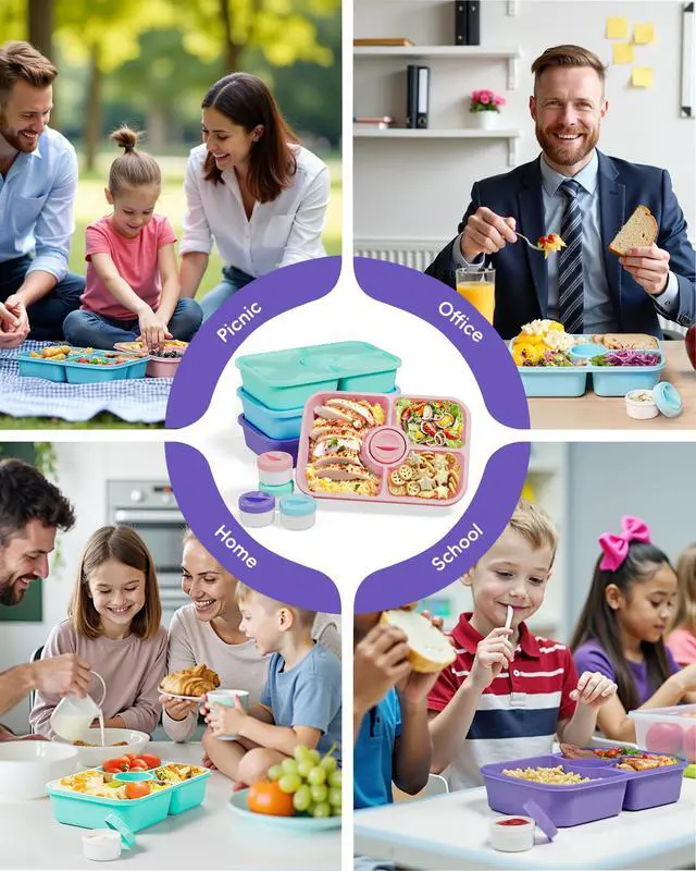 Alt view image 7 of 7 - 4 Pcs Bento Snack Box Containers, 4 Compartment Divided Stackable Food Storage Containers with Lids, Meal Prep Lunch Container with Sauce Cups