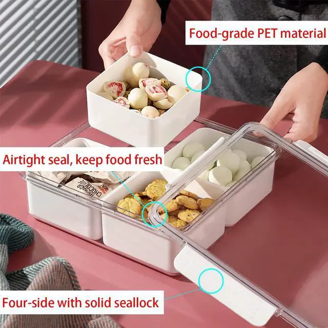 Alt view image 3 of 7 - Divided Serving Tray with Lid for Veggie Charcuterie Container Portion Control Salad Keeper with 4 Removable Boxes Stackable Refrigerator Organizer Bins Food Storage Organizer Produce Saver