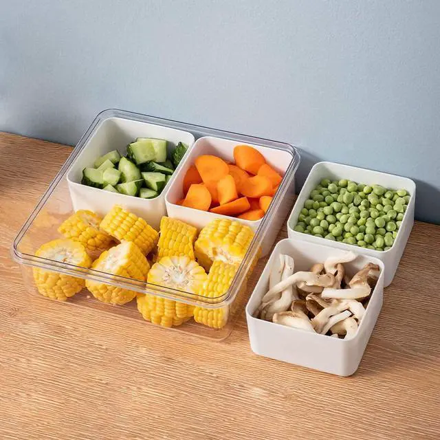 Alt view image 7 of 7 - Divided Serving Tray with Lid for Veggie Charcuterie Container Portion Control Salad Keeper with 4 Removable Boxes Stackable Refrigerator Organizer Bins Food Storage Organizer Produce Saver