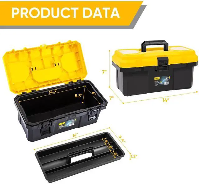 Alt view image 2 of 7 - 16 Inch Tool Box with Lock, 2-Layer Heavy-Duty Organizer with Removable Tray, Liftable Lid for Small Parts, 25lb Capacity & Carry Handle for Tools, Camping, Medical Supply Storage