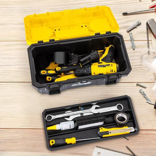 Alt view image 5 of 7 - 16 Inch Tool Box with Lock, 2-Layer Heavy-Duty Organizer with Removable Tray, Liftable Lid for Small Parts, 25lb Capacity & Carry Handle for Tools, Camping, Medical Supply Storage