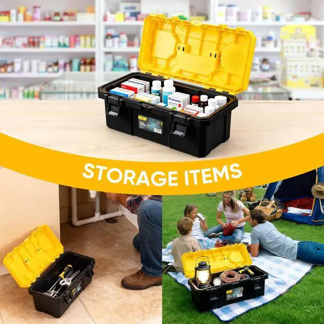 Alt view image 6 of 7 - 16 Inch Tool Box with Lock, 2-Layer Heavy-Duty Organizer with Removable Tray, Liftable Lid for Small Parts, 25lb Capacity & Carry Handle for Tools, Camping, Medical Supply Storage