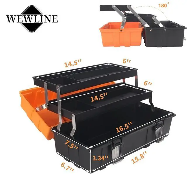 Alt view image 2 of 6 - 16.5-Inch Tool Box Organizer 3-Layer Multiplication Plastic Storage Toolbox with Portable Handle Perfect for Home Office Car Trunk Fishing