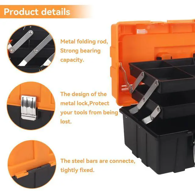 Alt view image 4 of 6 - 16.5-Inch Tool Box Organizer 3-Layer Multiplication Plastic Storage Toolbox with Portable Handle Perfect for Home Office Car Trunk Fishing
