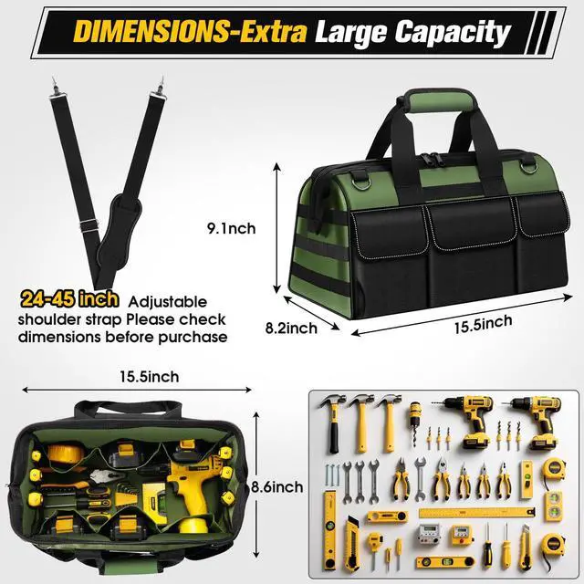 Alt view image 2 of 7 - 16-Inch Heavy Duty Tool Bag, 19-Pockets Tool Box Organizer, Portable Toolbag W/Soft Handle for Organized Storage, Mechanic Gifts for Men Dad Husband Fathers Day, Wide Mouth Electrician Toolbox, Green