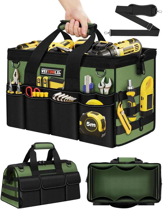 Main image of 16-Inch Heavy Duty Tool Bag, 19-Pockets Tool Box Organizer, Portable Toolbag W/Soft Handle for Organized Storage, Mechanic Gifts for Men Dad Husband Fathers Day, Wide Mouth Electrician Toolbox, Green