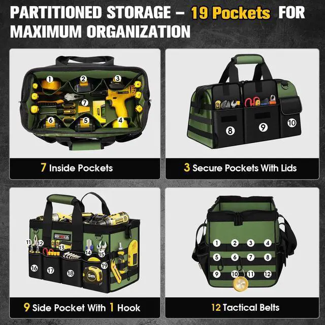 Alt view image 3 of 7 - 16-Inch Heavy Duty Tool Bag, 19-Pockets Tool Box Organizer, Portable Toolbag W/Soft Handle for Organized Storage, Mechanic Gifts for Men Dad Husband Fathers Day, Wide Mouth Electrician Toolbox, Green