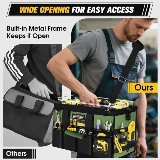 Alt view image 4 of 7 - 16-Inch Heavy Duty Tool Bag, 19-Pockets Tool Box Organizer, Portable Toolbag W/Soft Handle for Organized Storage, Mechanic Gifts for Men Dad Husband Fathers Day, Wide Mouth Electrician Toolbox, Green