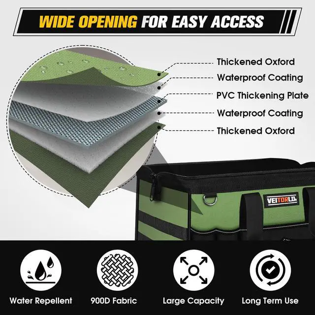 Alt view image 5 of 7 - 16-Inch Heavy Duty Tool Bag, 19-Pockets Tool Box Organizer, Portable Toolbag W/Soft Handle for Organized Storage, Mechanic Gifts for Men Dad Husband Fathers Day, Wide Mouth Electrician Toolbox, Green