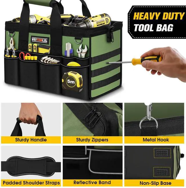 Alt view image 6 of 7 - 16-Inch Heavy Duty Tool Bag, 19-Pockets Tool Box Organizer, Portable Toolbag W/Soft Handle for Organized Storage, Mechanic Gifts for Men Dad Husband Fathers Day, Wide Mouth Electrician Toolbox, Green