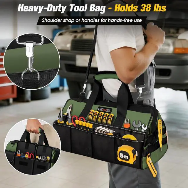 Alt view image 7 of 7 - 16-Inch Heavy Duty Tool Bag, 19-Pockets Tool Box Organizer, Portable Toolbag W/Soft Handle for Organized Storage, Mechanic Gifts for Men Dad Husband Fathers Day, Wide Mouth Electrician Toolbox, Green