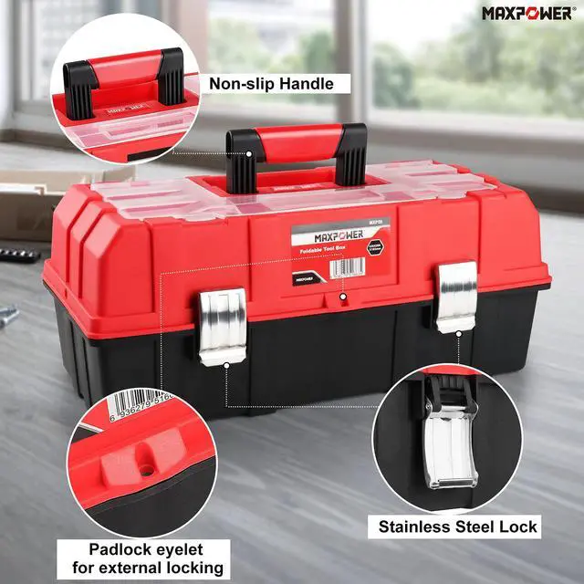 Alt view image 3 of 7 - 16-Inch Tool Box, Three-Layer Folding Plastic Storage Toolbox, Multi-Function Organizer with Tray and Dividers, Tools Box with Stainless Steel Lock