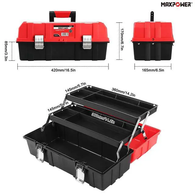 Alt view image 2 of 7 - 16-Inch Tool Box, Three-Layer Folding Plastic Storage Toolbox, Multi-Function Organizer with Tray and Dividers, Tools Box with Stainless Steel Lock