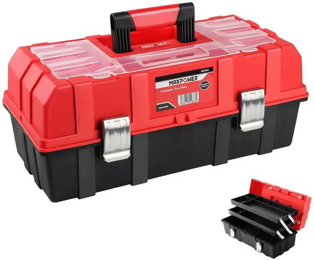 Main image of 16-Inch Tool Box, Three-Layer Folding Plastic Storage Toolbox, Multi-Function Organizer with Tray and Dividers, Tools Box with Stainless Steel Lock