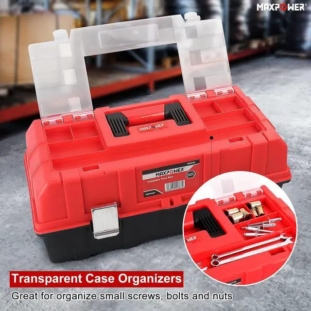 Alt view image 4 of 7 - 16-Inch Tool Box, Three-Layer Folding Plastic Storage Toolbox, Multi-Function Organizer with Tray and Dividers, Tools Box with Stainless Steel Lock