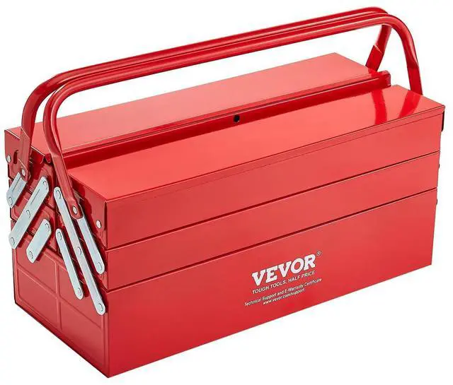 Main image of Metal Tool Box, 18-inch, 3-Tier 5-Tray Portable Folding Tool Chest Organizer with Handle & Lock Hole, Powder Coated Steel, Cantilever Toolbox for Household Factory Warehouse Repair Shop, Red
