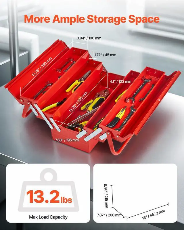 Alt view image 2 of 7 - Metal Tool Box, 18-inch, 3-Tier 5-Tray Portable Folding Tool Chest Organizer with Handle & Lock Hole, Powder Coated Steel, Cantilever Toolbox for Household Factory Warehouse Repair Shop, Red