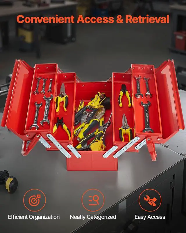 Alt view image 4 of 7 - Metal Tool Box, 18-inch, 3-Tier 5-Tray Portable Folding Tool Chest Organizer with Handle & Lock Hole, Powder Coated Steel, Cantilever Toolbox for Household Factory Warehouse Repair Shop, Red