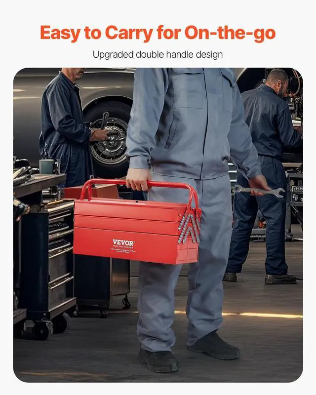 Alt view image 5 of 7 - Metal Tool Box, 18-inch, 3-Tier 5-Tray Portable Folding Tool Chest Organizer with Handle & Lock Hole, Powder Coated Steel, Cantilever Toolbox for Household Factory Warehouse Repair Shop, Red