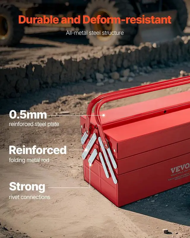 Alt view image 6 of 7 - Metal Tool Box, 18-inch, 3-Tier 5-Tray Portable Folding Tool Chest Organizer with Handle & Lock Hole, Powder Coated Steel, Cantilever Toolbox for Household Factory Warehouse Repair Shop, Red
