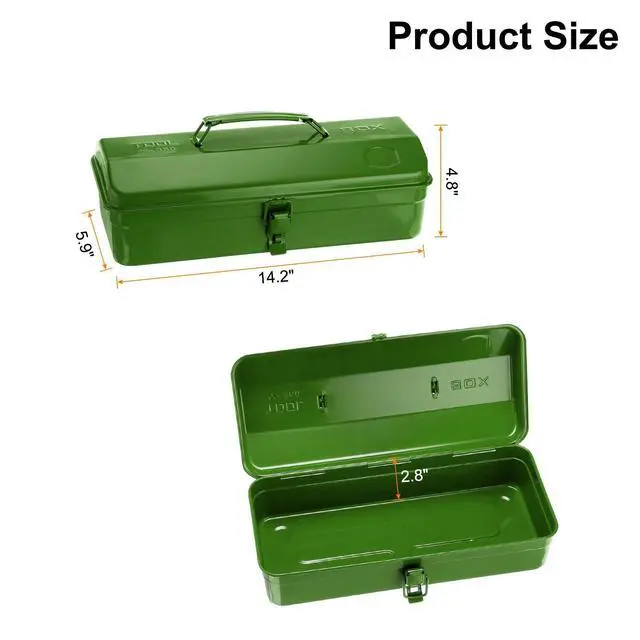Alt view image 2 of 6 - Tool Box 14.2" Portable Steel Tool Box Hip Roof Style with Metal Latch Closure Tool Chest for Household Workshop Car, Green