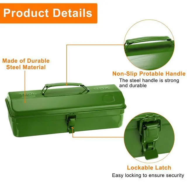 Alt view image 4 of 6 - Tool Box 14.2" Portable Steel Tool Box Hip Roof Style with Metal Latch Closure Tool Chest for Household Workshop Car, Green