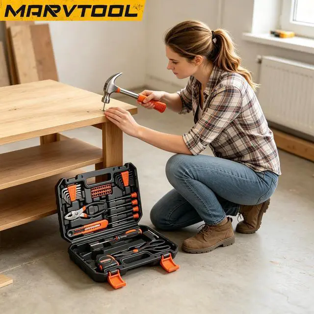 Alt view image 4 of 7 - 57 Piece Basic Tool Set, Home Repair Hand Tool Kit, General Household Tool Box, Portable Toolbox with Storage Case for Homeowner, DIY, Handyman, Women, Men