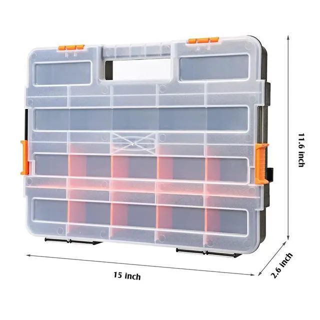 Alt view image 2 of 7 - Tool Box Organizers, Interlocking Black Small Parts Organizer for Fasteners, Parts and Crafts w/Removable Dividers, 2 Pieces Pack, Black & Orange,15L×11.6W×2.6H