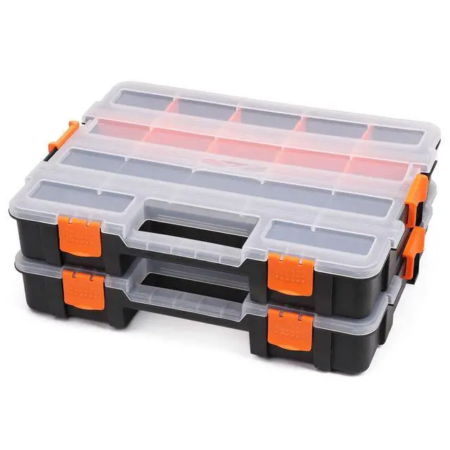 Alt view image 3 of 7 - Tool Box Organizers, Interlocking Black Small Parts Organizer for Fasteners, Parts and Crafts w/Removable Dividers, 2 Pieces Pack, Black & Orange,15L×11.6W×2.6H