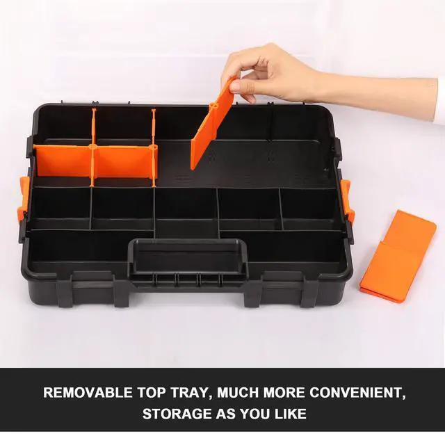 Alt view image 5 of 7 - Tool Box Organizers, Interlocking Black Small Parts Organizer for Fasteners, Parts and Crafts w/Removable Dividers, 2 Pieces Pack, Black & Orange,15L×11.6W×2.6H