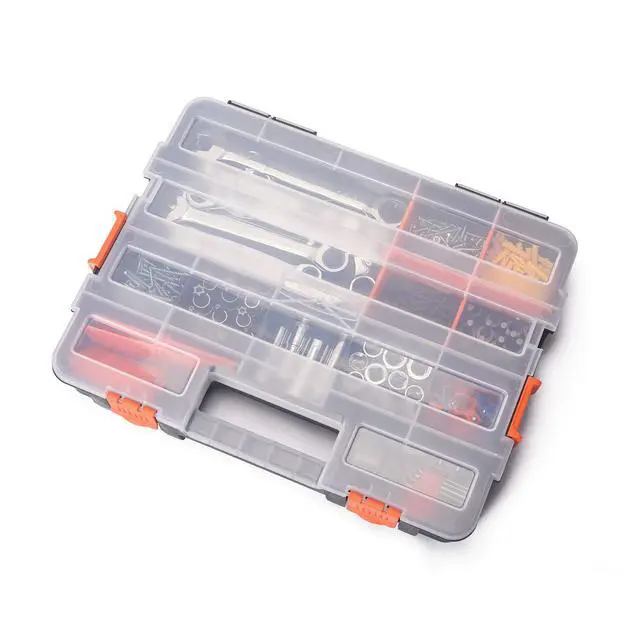 Alt view image 7 of 7 - Tool Box Organizers, Interlocking Black Small Parts Organizer for Fasteners, Parts and Crafts w/Removable Dividers, 2 Pieces Pack, Black & Orange,15L×11.6W×2.6H