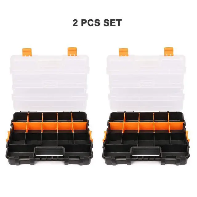 Alt view image 4 of 7 - Tool Box Organizers, Interlocking Black Small Parts Organizer for Fasteners, Parts and Crafts w/Removable Dividers, 2 Pieces Pack, Black & Orange,15L×11.6W×2.6H