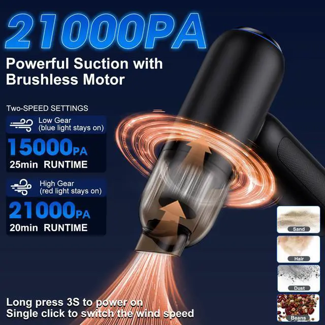 Alt view image 2 of 7 - Handheld Car Vacuum Cleaner Cordless, 21000PA High Power Car Vacuum Cleaner & Air Duster/Blower, Portable Vacuum with Magnetic Dust Collection Bin, LED Light, 2 Gear Hand Held Vacuum for PC(Black)