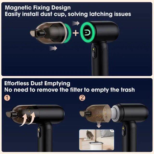 Alt view image 3 of 7 - Handheld Car Vacuum Cleaner Cordless, 21000PA High Power Car Vacuum Cleaner & Air Duster/Blower, Portable Vacuum with Magnetic Dust Collection Bin, LED Light, 2 Gear Hand Held Vacuum for PC(Black)