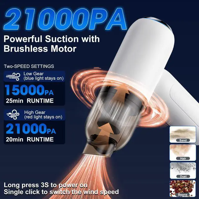 Alt view image 2 of 7 - Handheld Car Vacuum Cleaner Cordless, 21000PA High Power Car Vacuum Cleaner & Air Duster/Blower, Portable Vacuum with Magnetic Dust Collection Bin, LED Light, 2 Gear Hand Held Vacuum for PC(White)