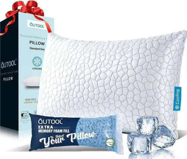 Main image of Cooling Pillow for Sleeping, CertiPUR-US Shredded Memory Foam Standard Pillow Set of 1, Cool Pillow for Hot Sleepers Adjustable Firm Pillow for Side,Back,Stomach Sleepers Soft Yet Support,White