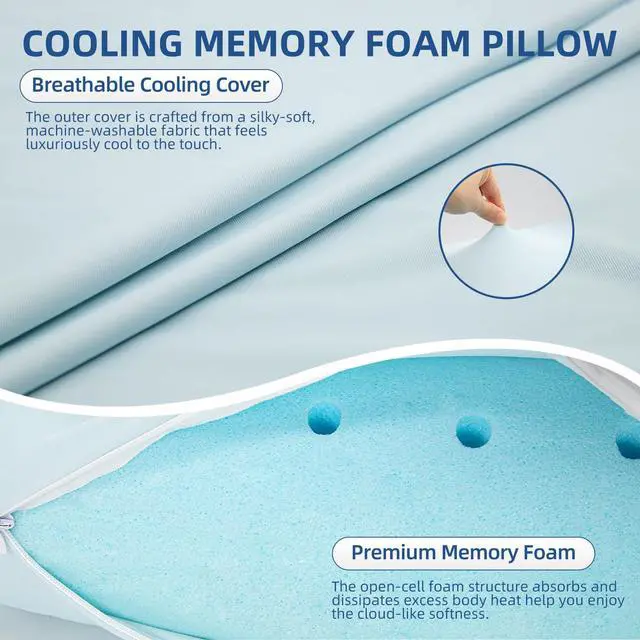 Alt view image 2 of 7 - HIMOON Cooling Memory Foam Pillow, Bed Pillow for Sleeping, Standard Size, Breathable Memory Foam, Premium Support with Washable Cover for Back, Side and Stomach Sleepers (1 Pack)