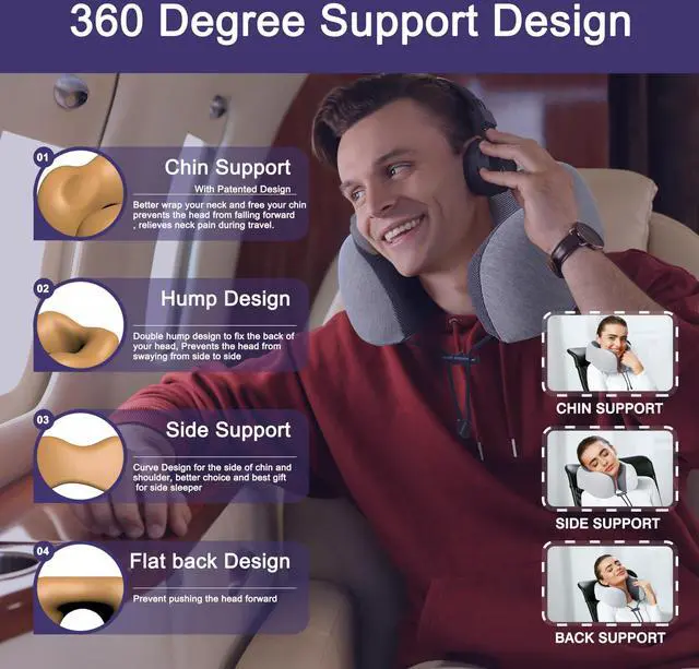 Alt view image 2 of 6 - Neck Pillow for Traveling, Upgraded Travel Neck Pillow for Airplane 100% Pure Memory Foam Travel Pillow for Flight Headrest Sleep, Portable Plane Accessories, Light Grey