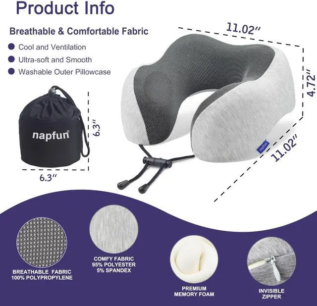 Alt view image 3 of 6 - Neck Pillow for Traveling, Upgraded Travel Neck Pillow for Airplane 100% Pure Memory Foam Travel Pillow for Flight Headrest Sleep, Portable Plane Accessories, Light Grey