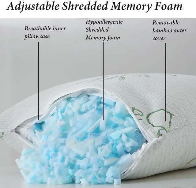 Alt view image 2 of 7 - Shredded Memory Foam Pillows Set of 1, Cooling Zippered Breathable Memory Foam Bed Pillow for Sleeping 1 Pack, Queen Size Firm Pillow Gel for Neck Support, Hotel Quality Rest Pillow 20" x 30" Queen