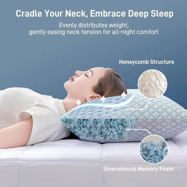 Alt view image 3 of 7 - Shredded Memory Foam Cooling Medium Soft Viscose Derived from Bamboo Pillow Queen Size, Adjustable Hypoallergenic Hotel Quality Pillow for Back, Stomach and Side Sleeper, Oeko-TEX Certified