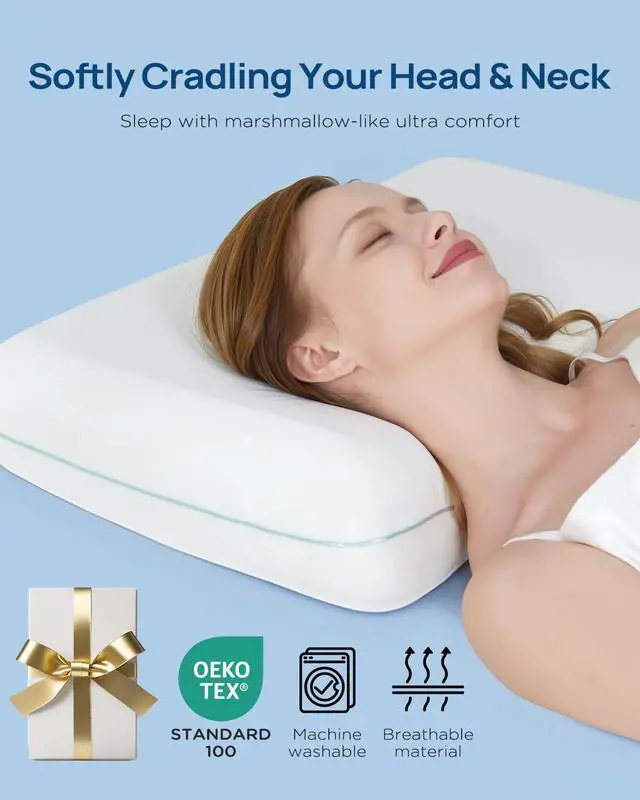 Alt view image 5 of 7 - Cooling Soft Memory Foam Pillow, Cervical Neck Pillow for Side Sleepers, Back & Stomach Sleepers, Ergonomic Orthopedic Design for Neck Pain Relief and Deep Sleep, CertiPUR-US, White