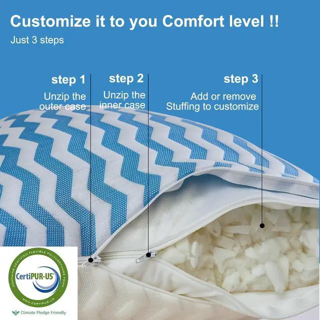 Alt view image 2 of 7 - Pillows Queen Size for Bed - Adjustable Firm Pillow for Back Stomach and Side Sleeper - Shredded Memory Foam Cooling Pillow for Neck and Shoulder Pain with Washable Cover