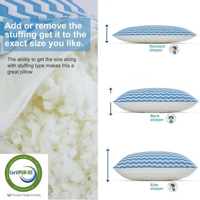 Alt view image 3 of 7 - Pillows Queen Size for Bed - Adjustable Firm Pillow for Back Stomach and Side Sleeper - Shredded Memory Foam Cooling Pillow for Neck and Shoulder Pain with Washable Cover