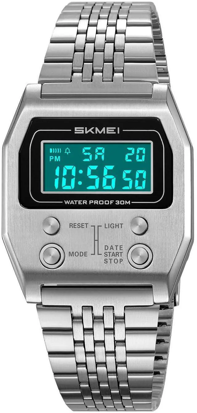 Main image of Retro Rectangle Digital Watch for Men Classic Stylish Design Multifunction Gold Stainless Steel Business Men Wristwatch with Alarm, Stopwatch, Countdown (Silver)